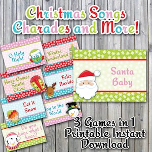 Peut inclure: Cartes de jeu de No&euml;l imprimables avec des images du P&egrave;re No&euml;l, d'un bonhomme de neige, d'un lutin, d'un pingouin et d'une chouette. Les cartes pr&eacute;sentent des titres de chansons comme "O Holy Night", "Winter Wonderland", "Here Comes Santa Claus", "Let it Snow", "Joy to the World", "Feliz Navidad", "Do You Hear What I Hear?" et "Santa Baby". Le texte "3 Games in 1 Printable Instant Download" est en bas de l'image.