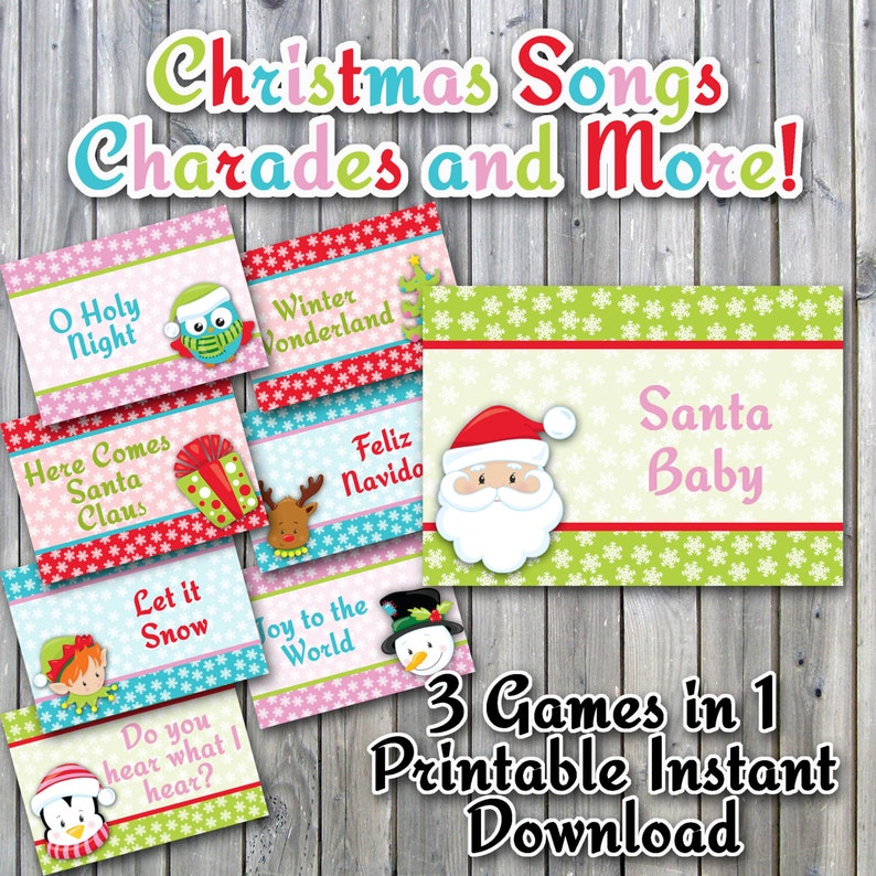 Peut inclure: Cartes de jeu de No&euml;l imprimables avec des images du P&egrave;re No&euml;l, d'un bonhomme de neige, d'un lutin, d'un pingouin et d'une chouette. Les cartes pr&eacute;sentent des titres de chansons comme "O Holy Night", "Winter Wonderland", "Here Comes Santa Claus", "Let it Snow", "Joy to the World", "Feliz Navidad", "Do You Hear What I Hear?" et "Santa Baby". Le texte "3 Games in 1 Printable Instant Download" est en bas de l'image.