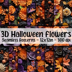 Flores de Halloween 3D - Padrões florais 3D sem costura - 16 designs - 12 x 12 pol - Uso comercial - Papel digital de flores de Halloween