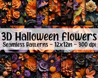 3d Halloween Flowers - 3d Floral Seamless Patterns - 16 Designs - 12x12in - Commercial Use - Halloween Flowers Digital Paper