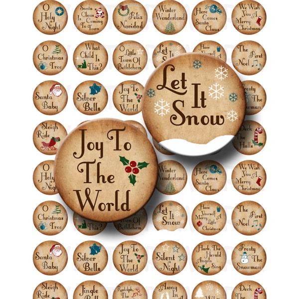 Christmas Songs - Digital Collage Sheet  - 1 inch Round Circles - INSTANT DOWNLOAD