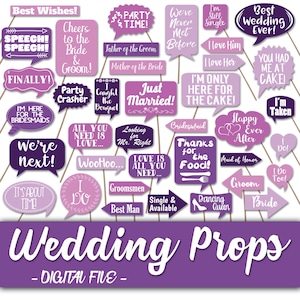 Letreros y decoraciones para fotomatón de bodas: accesorios para bodas morados con letras blancas: más de 50 letreros para bodas: archivo digital imprimible