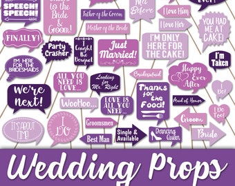 Wedding Photo Booth Prop Signs and Decorations - Purple with White Writing Wedding Props - Over 50 Wedding Signs - Printable Digital File