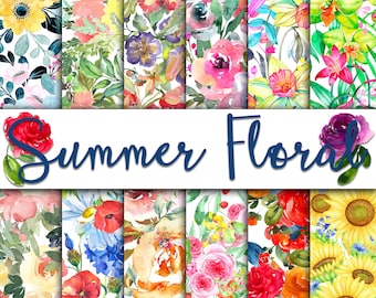 Summer Floral Medley Digital Paper - Watercolor Flower Backgrounds -  12 Designs - 12x12in - Commercial Use - Floral Sublimation
