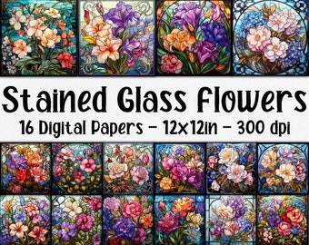 Stained Glass Flowers Digital Paper - Floral Stained Glass Backgrounds - Flower Background - 16 Designs - 12in x 12in - Commercial Use