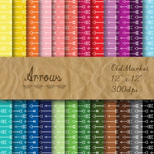 May include: A digital paper pack with 30 different patterns featuring white arrows on various colored backgrounds. The paper pack is labeled "Arrows" and "Old Market 12" x 12" 300dpi".