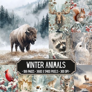 Könnte beinhalten: Eine digitale Collage mit Wintertieren wie Bison, Elch, Eichhörnchen, Waschbär, Kaninchen, Kardinal, Hirsch und Luchs in verschneiten Waldlandschaften. Ein schwarzes Etikett zeigt den Text WINTER ANIMALS 108 PAGES 3600 X 5400 PIXELS 300 DPI.
