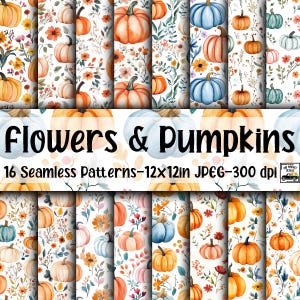 Fiori e zucche Seamless Patterns - Carta digitale di Halloween - 16 disegni - 12 x 12 pollici - Uso commerciale - Carta digitale autunnale ad acquerello