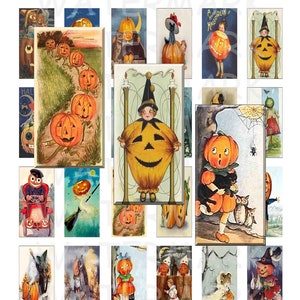 May include: A vintage Halloween domino set featuring 16 different images of pumpkins, children, and cats. The images are in a variety of styles, from whimsical to spooky. The dominoes are 1 inch by 2 inches.