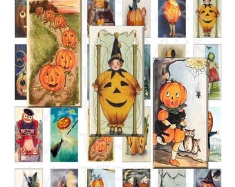 Vintage Halloween Pumpkins - Digital Collage Sheet - 1 x 2 inch Domino - INSTANT DOWNLOAD