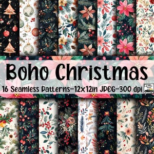 May include: 16 digital seamless patterns featuring a boho Christmas theme. The patterns include illustrations of poinsettias, pine branches, berries, ornaments, and Christmas trees in a variety of colors, including red, green, white, and gold. The patterns are perfect for creating festive digital projects.