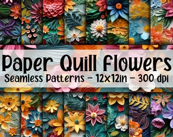 Paper Quill Flowers SEAMLESS Patterns - Quilled Paper Flowers Digital Paper - 16 Designs - 12x12in - Commercial Use - Paper Quilling