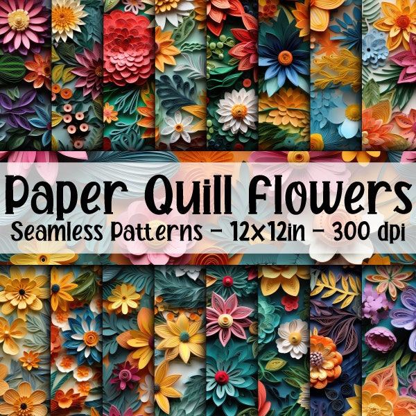 Paper Quill Flowers Seamless Patterns - Quilled Paper Flowers Digital Paper - 16 Designs - 12x12in - Commercial Use - Paper Quilling