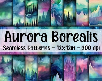 Aurora Borealis Seamless Patterns - Watercolor Aurora Digital Paper - 16 Designs - 12x12in - Commercial Use - Aurora Sublimation