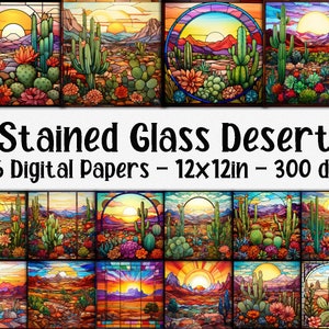 Carte digitali con scene di vetrate colorate nel deserto - Sfondi di vetrate colorate nel deserto - 16 design - 12 x 12 pollici - Uso commerciale - Carta per cactus