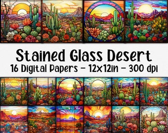 Stained Glass Desert Scene Digital Papers - Desert Stained Glass Backgrounds - 16 Designs - 12in x 12in - Commercial Use - Cactus Paper