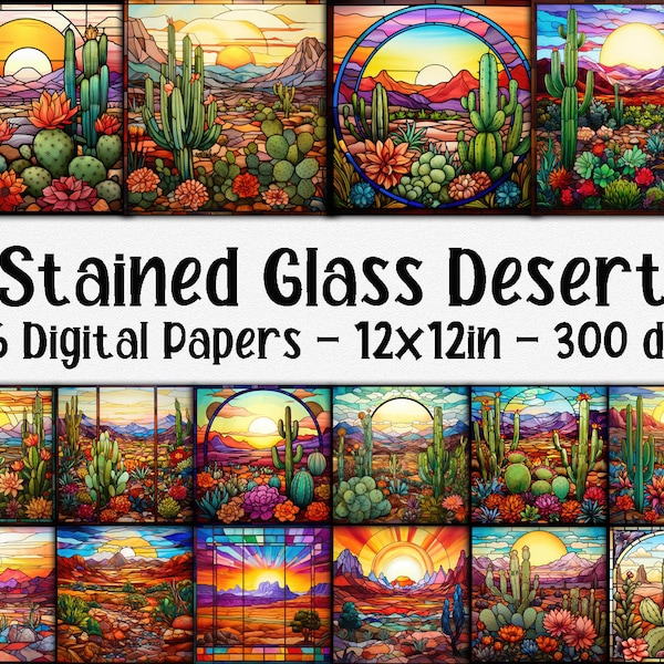 Stained Glass Desert Scene Digital Papers - Desert Stained Glass Backgrounds - 16 Designs - 12in x 12in - Commercial Use - Cactus Paper