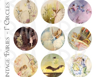 Vintage Fairies - 4 x 6 Digital Collage Sheet  - 1 inch Round Circles - INSTANT DOWNLOAD