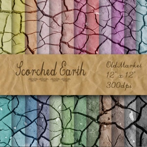 Puede incluir: Un paquete de papel digital con 12 texturas de tierra agrietada de diferentes colores. El paquete se llama "Scorched Earth" y mide 12 pulgadas por 12 pulgadas a 300 dpi.
