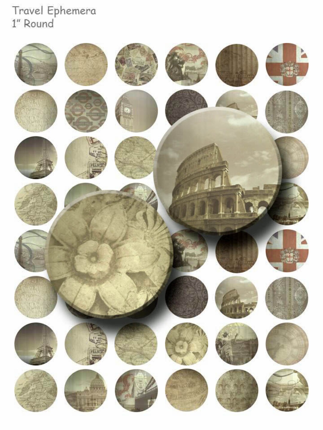 Travel Ephemera - Digital Collage Sheet - 1 Inch Round Circles ...