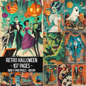 Puede incluir: Un collage digital de ilustraciones retro de Halloween con esqueletos, vampiros, un fantasma en bicicleta y calabazas. El texto dice RETRO HALLOWEEN - 107 PAGES - 3600 X 5400 PIXELS - 300 DPI. Las ilustraciones utilizan una paleta de colores vibrantes.