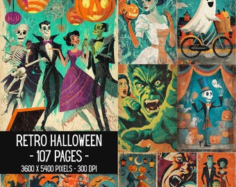 May include: A digital collage of retro Halloween illustrations featuring skeletons, vampires, a ghost on a bicycle, and jack-o'-lanterns. The text reads RETRO HALLOWEEN - 107 PAGES - 3600 X 5400 PIXELS - 300 DPI. The artwork uses a vibrant color palette.