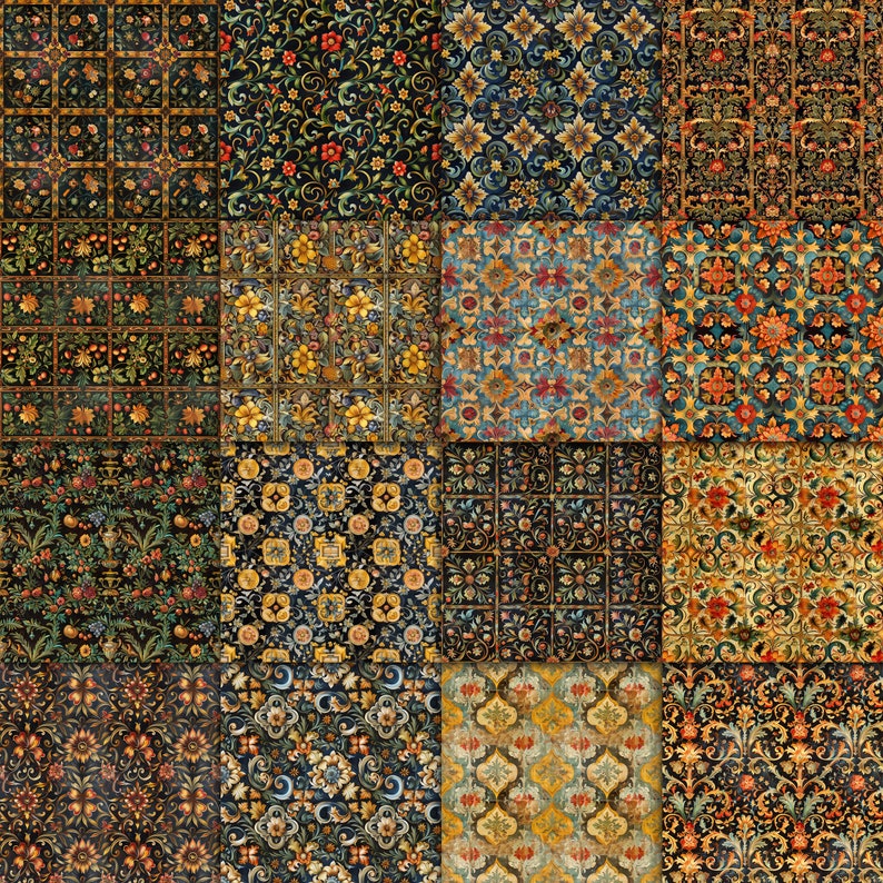 May include: A digital collage of 12 different floral patterns. The patterns are all in shades of gold, brown, blue, and red. The patterns are all intricate and detailed, and they would be perfect for use in a variety of craft projects.