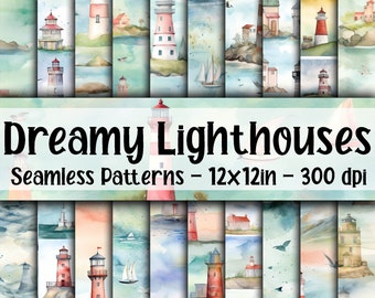 Dreamy Lighthouses SEAMLESS Patterns - Watercolor Lighthouses Digital Paper - 20 Designs - 12x12in - Commercial Use -Lighthouse Sublimation