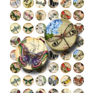 Butterflies and Dragonflies - Digital Collage Sheet  - 1 inch Round Circles - INSTANT DOWNLOAD