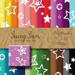 May include: A set of 12 digital paper designs featuring white stars on a variety of colorful backgrounds. The papers are 12 inches by 12 inches and 300 dpi. The text "Seeing Stars" and "Old Market" is included in the image.