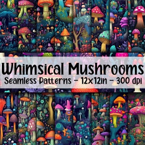 Whimsical Mushrooms SEAMLESS Patterns - Colorful Mushrooms Digital Paper - 16 Designs - 12x12in - Commercial Use - Mushroom Patterns