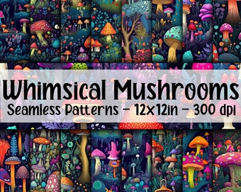 Whimsical Mushrooms SEAMLESS Patterns - Colorful Mushrooms Digital Paper - 16 Designs - 12x12in - Commercial Use - Mushroom Patterns