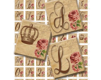 May include: A vintage alphabet set with each letter in a brown font on a beige background with a pink rose and green leaves. The letters are arranged in a grid with a crown and a Eiffel Tower in the bottom row.