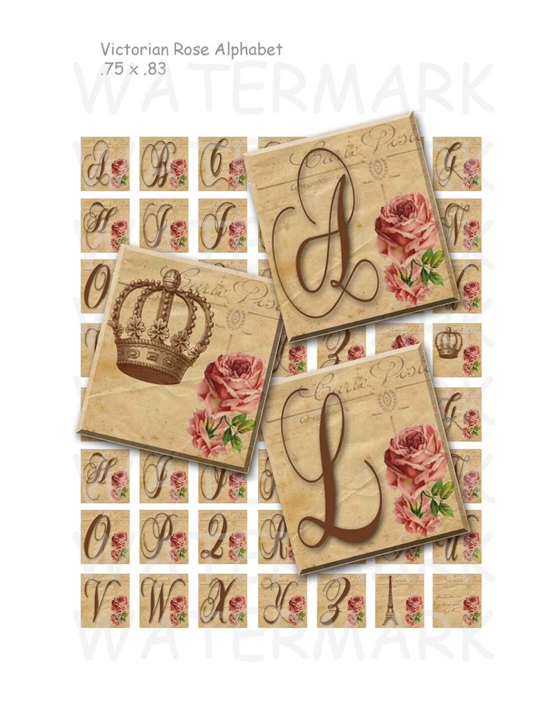 Victorian Rose Alphabet Digital Collage Sheet .75 x .83 Scrabble Size INSTANT DOWNLOAD image 1