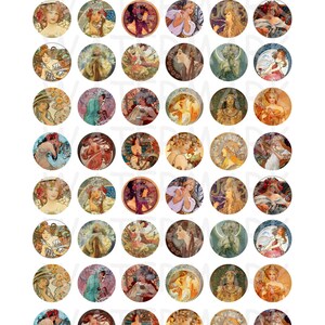 Alphonse Mucha Art Digital Collage Sheet 1 inch Round Circles INSTANT DOWNLOAD image 2