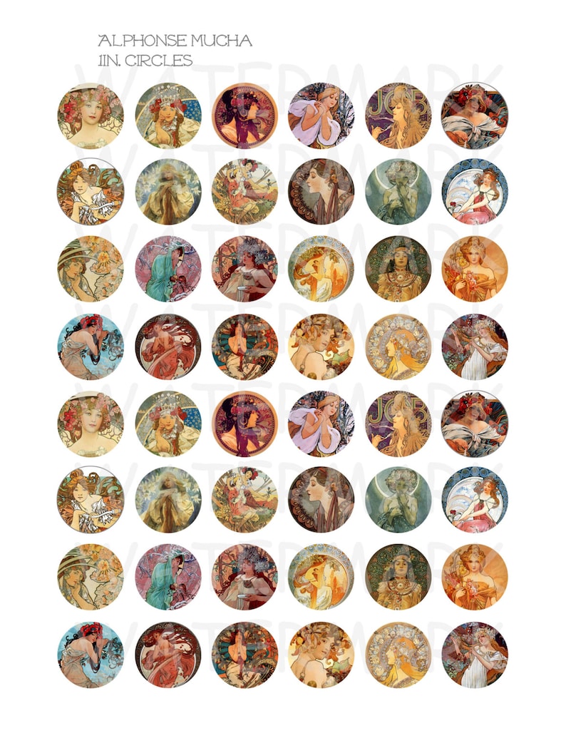 Alphonse Mucha Art Digital Collage Sheet 1 inch Round Circles INSTANT DOWNLOAD image 2