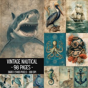 Puede incluir: Una colección digital de 98 páginas náuticas vintage con ilustraciones de un tiburón, pelícano, velero, pulpo, casco de buceo, tortuga marina, medusa, ballena, caballito de mar, faro y ancla sobre fondos de mapas con texto.