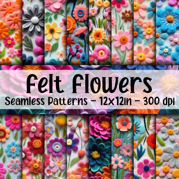 Felt Flowers SEAMLESS Patterns - Felt Flower Digital Papers - 16 Designs - 12x12in - Commercial Use - Felt Flower Patterns