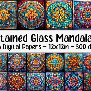 Mandala in vetro colorato Digital Papers - Sfondi in vetro colorato Mandala - 16 design - 12 x 12 pollici - Uso commerciale