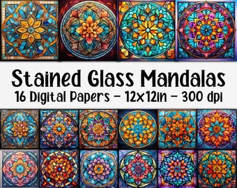 Stained Glass Mandalas Digital Papers - Mandala Stained Glass Backgrounds - 16 Designs - 12in x 12in - Commercial Use