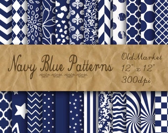 Navy Blue Patterns Digital Paper - Dark Blue Patterned Backgrounds -  24 Papers - 12in x 12in - Commercial Use -  INSTANT DOWNLOAD