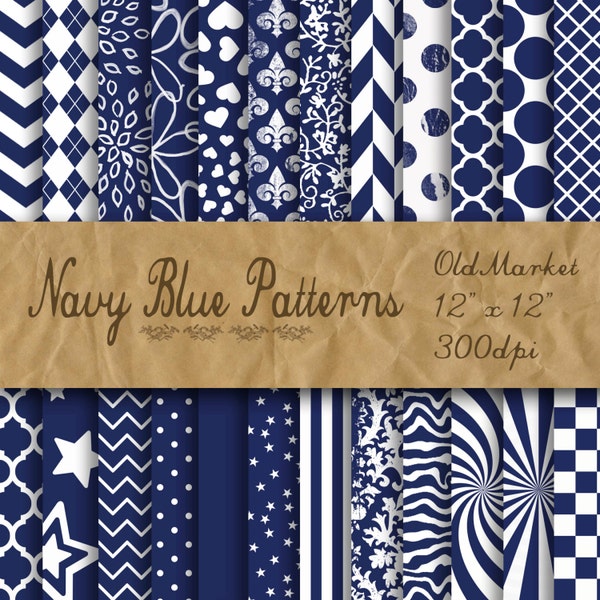 Navy Blue Patterns Digital Paper - Dark Blue Patterned Backgrounds -  24 Papers - 12in x 12in - Commercial Use -  INSTANT DOWNLOAD