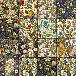 May include: A digital collage of 12 floral patterns featuring various flowers, leaves, and butterflies in shades of red, blue, yellow, green, and white.