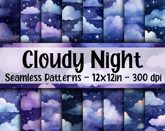 Watercolor Cloudy Night SEAMLESS Patterns - Cloudy Night Sky Digital Paper - 16 Designs - 12x12in - Commercial Use