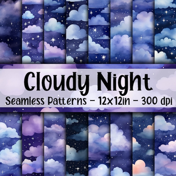 Watercolor Cloudy Night SEAMLESS Patterns - Cloudy Night Sky Digital Paper - 16 Designs - 12x12in - Commercial Use