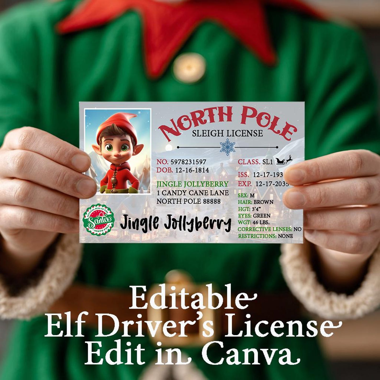 EDITABLE Elf License Sublimation Design - Edit in CANVA - Christmas Elf ...