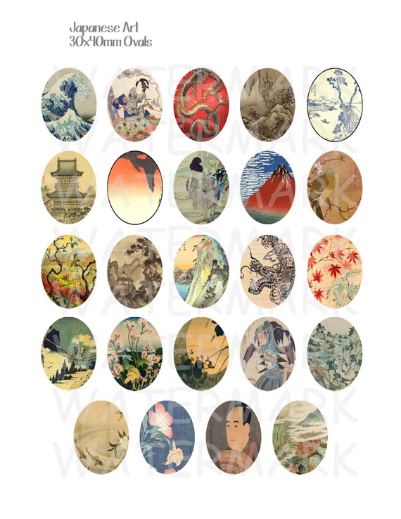 Japanese Art - Digital Collage Sheet - 30x40mm Ovals - INSTANT