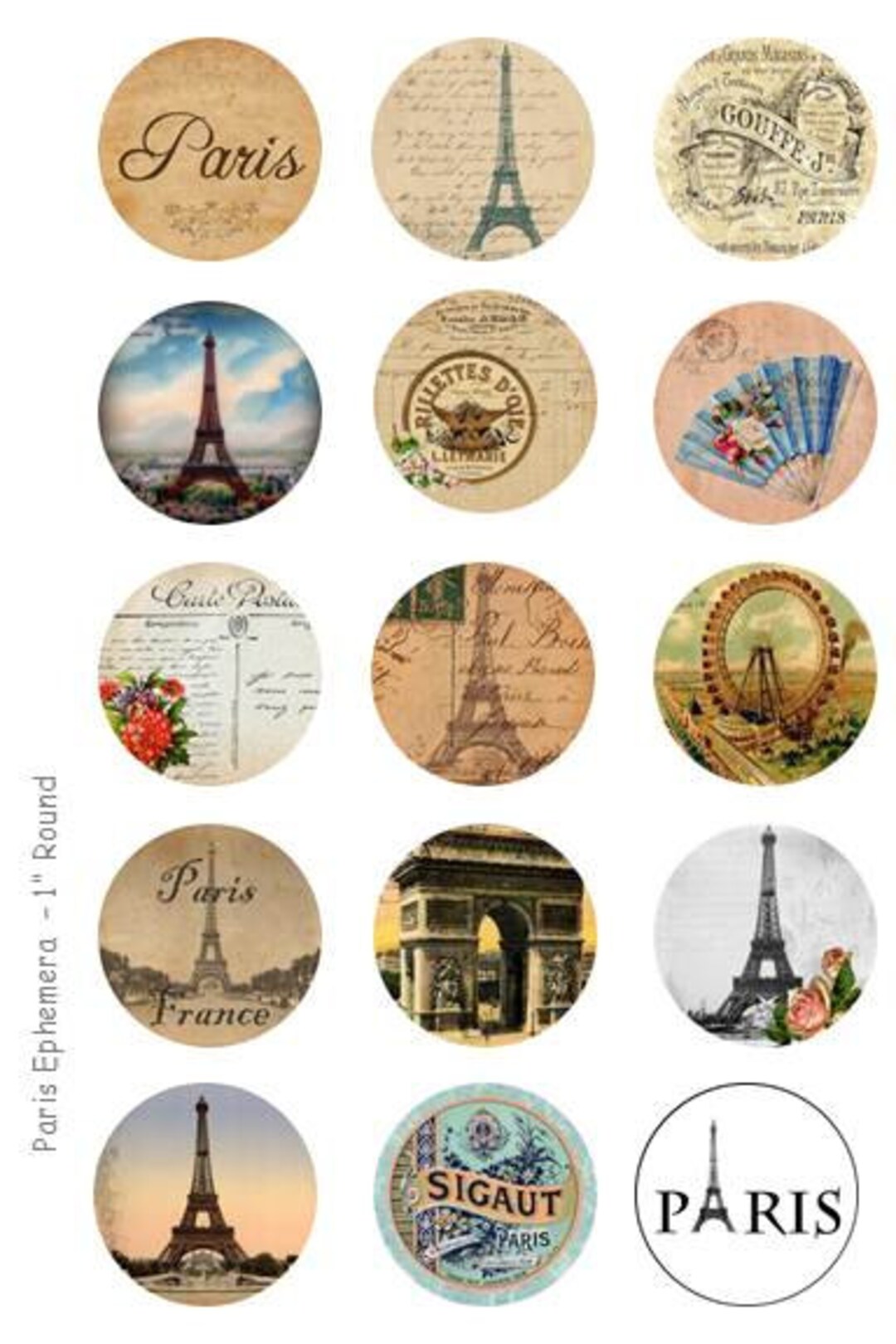 Paris Ephemera - 4 X 6 Digital Collage Sheet - 1 Inch Round Circles ...