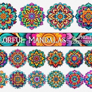 Pacchetto di sublimazione di mandala colorati - 16 sfondi di sublimazione - Clip art di mandala - Sfondi di sublimazione di mandala
