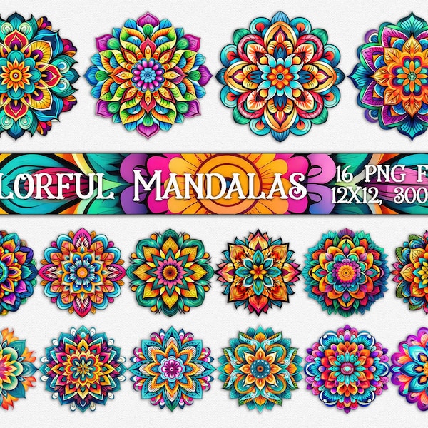 Colorful Mandalas Sublimation Bundle - 16 Sublimation Backgrounds - Mandala Clip Art - Mandalas Sublimation Backgrounds